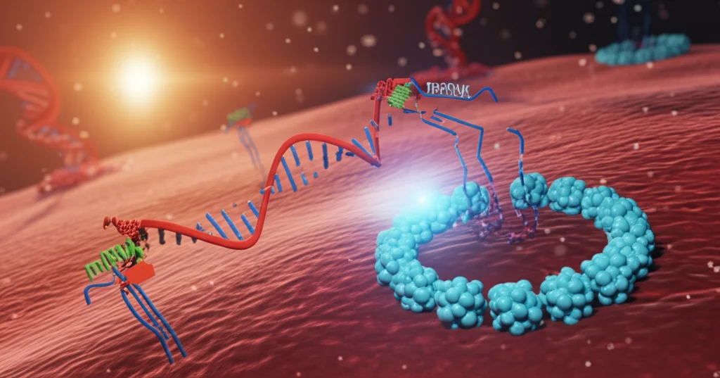 Visualizzazione 3D astratta di molecole di RNA circolari (circRNA) e microRNA (miRNA) che interagiscono all'interno di una cellula stilizzata, illuminazione drammatica controllata, obiettivo macro 90mm, alta definizione, focus preciso sulle strutture molecolari.