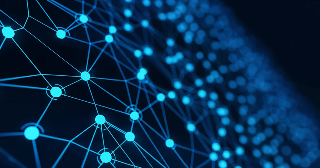 Rete neurale complessa visualizzata come un grafo luminoso su uno sfondo scuro, con nodi che rappresentano circRNA e miRNA collegati da linee che simboleggiano interazioni predette, stile high-tech, focus nitido, obiettivo prime 35mm, duotono blu e ciano.