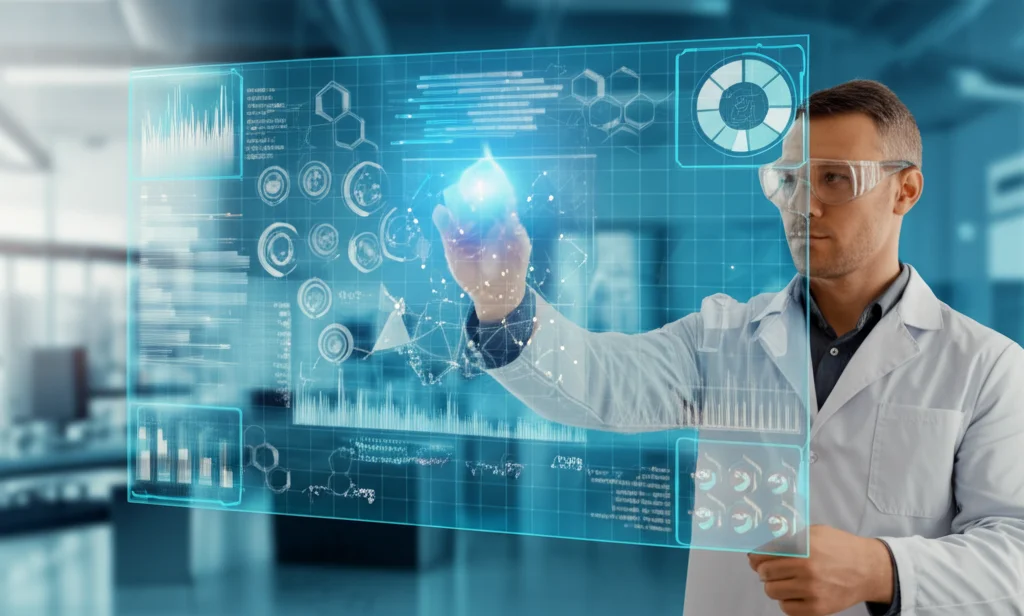 Ricercatore in laboratorio che osserva dati bioinformatici complessi su uno schermo olografico trasparente, mostrando grafici di interazioni molecolari, ambiente di laboratorio futuristico, profondità di campo, obiettivo zoom 24-70mm.