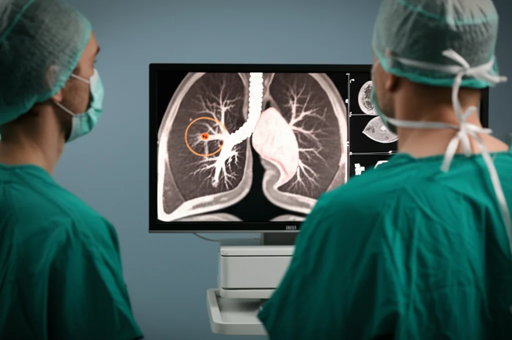 Immagine fotorealistica di un ambiente di sala operatoria, un chirurgo guarda attentamente un monitor che mostra un modello 3D di polmoni con un piccolo nodulo evidenziato, rappresentando la pianificazione preoperatoria per un cancro polmonare precoce, profondità di campo, obiettivo 50mm prime.