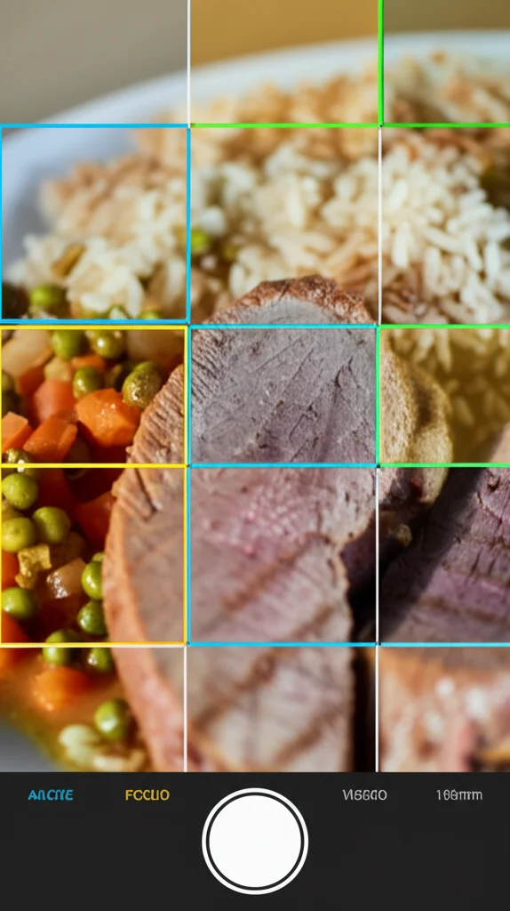 Schermata di un'applicazione su smartphone che utilizza la computer vision per identificare diversi alimenti su un piatto. Riquadri colorati (bounding box) evidenziano un pezzo di carne, delle verdure e del riso, con etichette che indicano il nome del cibo. Obiettivo macro 100mm simulato, focus preciso sui dettagli del cibo.