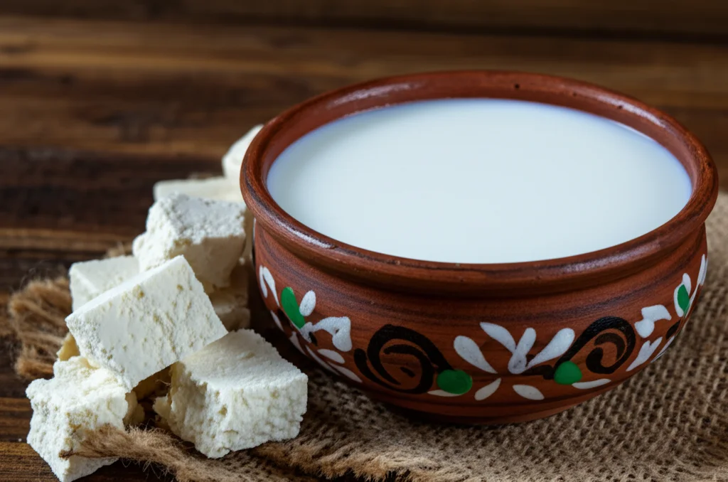 Primo piano di una ciotola di Kymyz (latte di giumenta fermentato) e pezzi di Kurt (formaggio secco tradizionale dell'Asia Centrale) disposti su un tavolo di legno rustico. Stile still life, obiettivo macro 70mm, illuminazione laterale morbida che crea ombre delicate, alta definizione dei dettagli.