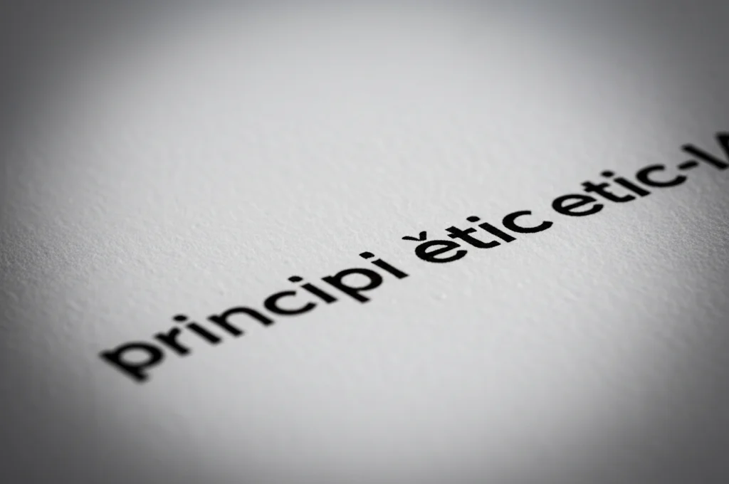 Primo piano di un documento cartaceo contenente principi etici per l'IA, illuminazione controllata, obiettivo macro 85mm, alta definizione dei dettagli del testo e della carta, atmosfera seria e riflessiva.
