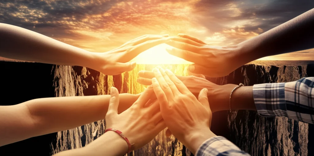 Fotografia grandangolare 24mm che mostra diverse mani (rappresentanti governo, azienda, società civile, accademia, cittadini di diverse etnie) che collaborano per costruire un ponte luminoso fatto di principi etici sopra un abisso digitale, luce calda e collaborativa.