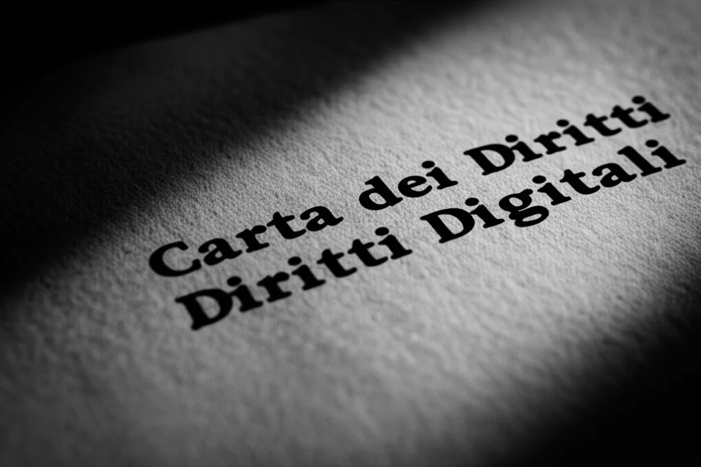 Immagine simbolica in bianco e nero, obiettivo 35mm, stile film noir, di una vecchia pergamena con la scritta 'Carta dei Diritti Digitali' parzialmente oscurata da ombre che simboleggiano le sfide non superate, profondità di campo ridotta.