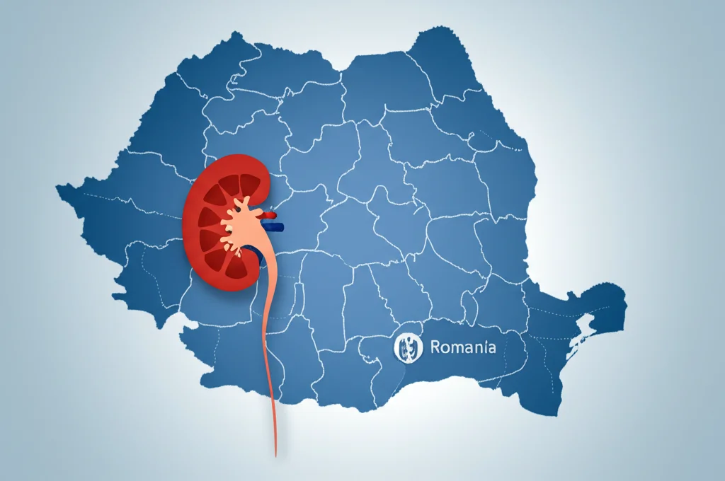 Immagine concettuale della Romania con un rene stilizzato sovrapposto, simboleggiante l'impatto della malattia renale cronica sul sistema sanitario nazionale, colori tenui blu e grigio duotone, obiettivo grandangolare 24mm per una visione d'insieme.