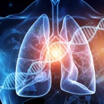 Immagine concettuale fotorealistica che fonde una scansione TC dei polmoni con sovrapposte eliche di DNA digitali luminose e network di vie di segnalazione. La luce emana dal tumore evidenziato sulla TC, illuminando le strutture genetiche. Stile cinematografico, obiettivo prime 35mm, profondità di campo, toni blu e arancio duotone.