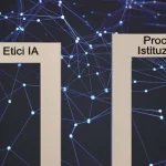 Immagine concettuale fotorealistica: un bivio con un cartello che indica 'Principi Etici IA' e l'altro 'Processo Istituzionale', sullo sfondo una rete neurale luminosa che si dirama. Obiettivo 35mm, profondità di campo, luce del tardo pomeriggio che crea lunghe ombre, atmosfera di scelta cruciale.