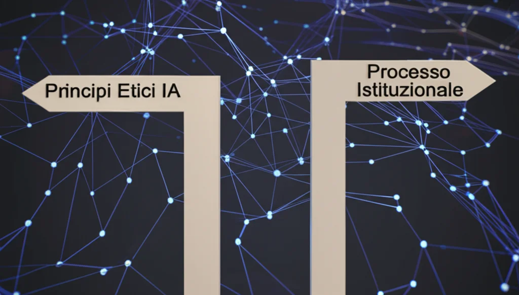 Immagine concettuale fotorealistica: un bivio con un cartello che indica 'Principi Etici IA' e l'altro 'Processo Istituzionale', sullo sfondo una rete neurale luminosa che si dirama. Obiettivo 35mm, profondità di campo, luce del tardo pomeriggio che crea lunghe ombre, atmosfera di scelta cruciale.