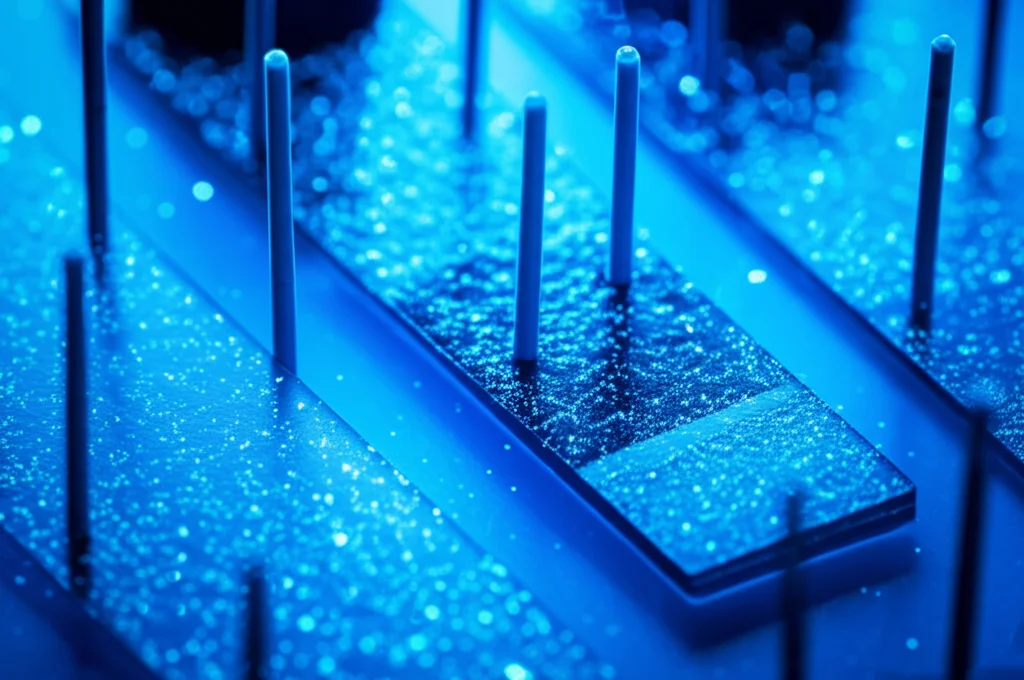 Immagine fotorealistica astratta che rappresenta l'elettrodeposizione di un film sottile nanostrutturato di MoS2. Si vedono elettrodi stilizzati immersi in una soluzione elettrolitica bluastra luminosa, con particelle scintillanti che si depositano su un substrato piatto. Illuminazione controllata e drammatica, stile still life high-tech, obiettivo macro 90mm, alta definizione, focus selettivo sulla deposizione.