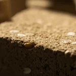 Primo piano fotorealistico di blocchi di Daqu cinese impilati, texture ruvida e terrosa evidente con chicchi di grano visibili, luce laterale calda che crea ombre profonde e mette in risalto la tridimensionalità, obiettivo macro 85mm, alta definizione, messa a fuoco selettiva sul blocco frontale.