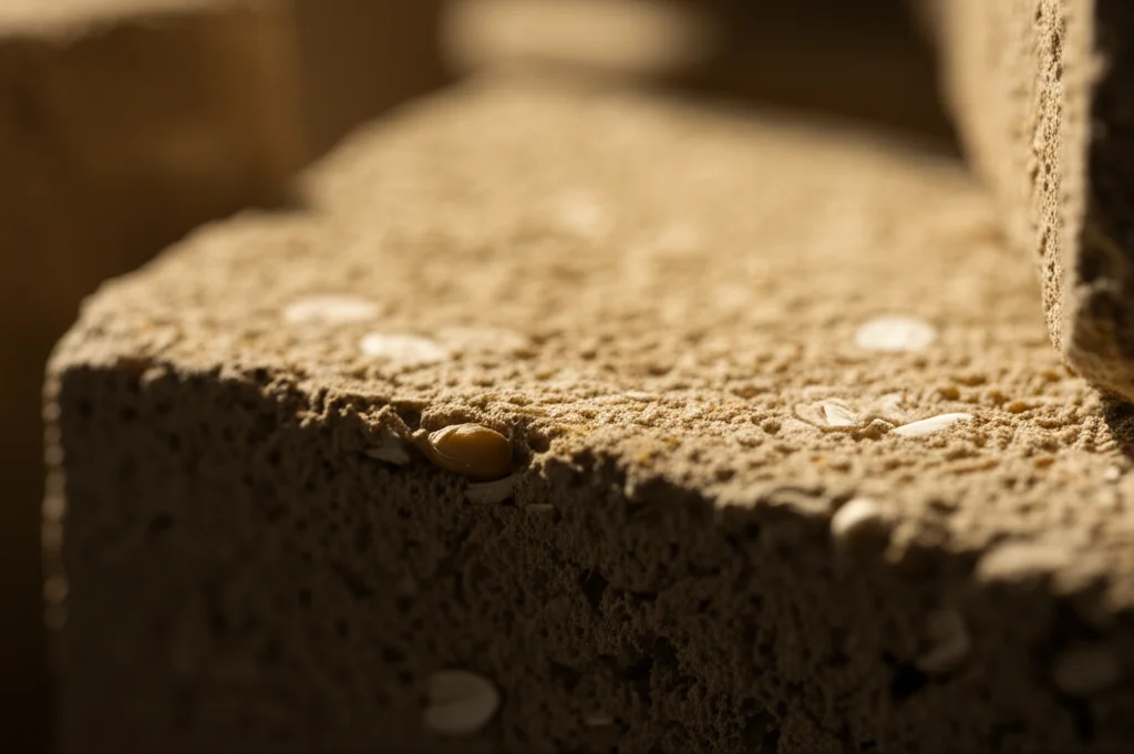 Primo piano fotorealistico di blocchi di Daqu cinese impilati, texture ruvida e terrosa evidente con chicchi di grano visibili, luce laterale calda che crea ombre profonde e mette in risalto la tridimensionalità, obiettivo macro 85mm, alta definizione, messa a fuoco selettiva sul blocco frontale.