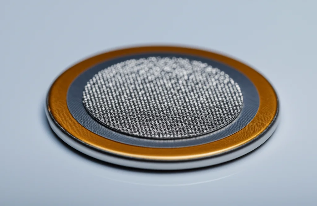 Primo piano fotorealistico di una batteria a bottone CR2032 aperta che mostra chiaramente lo strato del catodo LiFePO4 sulla lamina di alluminio, con enfasi sulla microstruttura granulare del materiale attivo, illuminazione da laboratorio controllata e precisa, lente macro 90mm, alta definizione.