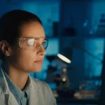 Ritratto fotografico di una giovane ricercatrice che osserva attentamente una sequenza genetica su uno schermo luminoso in un laboratorio moderno e poco illuminato, luce soffusa laterale che crea ombre definite, stile film noir, obiettivo 35mm, profondità di campo ridotta per sfocare lo sfondo.