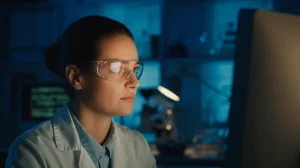 Ritratto fotografico di una giovane ricercatrice che osserva attentamente una sequenza genetica su uno schermo luminoso in un laboratorio moderno e poco illuminato, luce soffusa laterale che crea ombre definite, stile film noir, obiettivo 35mm, profondità di campo ridotta per sfocare lo sfondo.