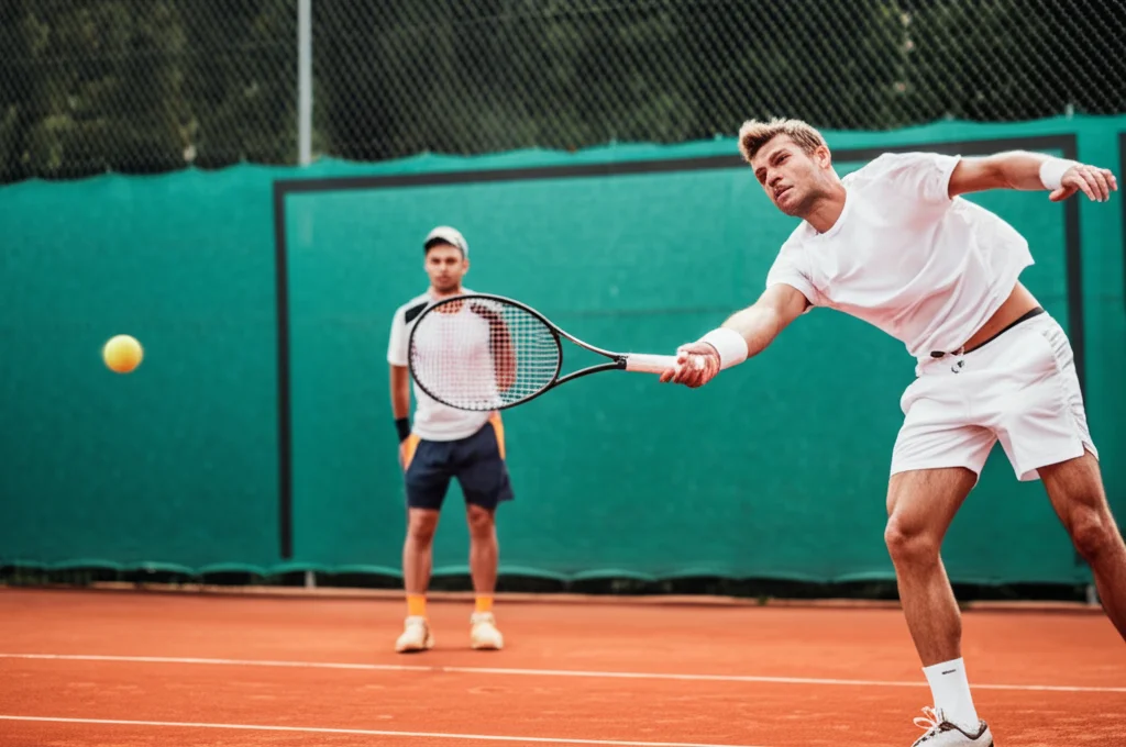 Tennista professionista durante una sessione di screening funzionale sul campo da tennis in terra battuta, supervisionato attentamente da un preparatore atletico. Fotografia sportiva d'azione, teleobiettivo 200mm, alta velocità dell'otturatore per catturare il movimento, profondità di campo ridotta per enfatizzare l'atleta.