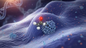 Visualizzazione 3D fotorealistica, stile cinematografico, che mostra una molecola di ossido nitrico (NO) che si avvicina a una proteina EZH2 stilizzata all'interno di un nucleo cellulare, con filamenti di DNA/cromatina sfocati sullo sfondo. Illuminazione drammatica, profondità di campo, toni blu e viola duotone, lente prime 35mm.