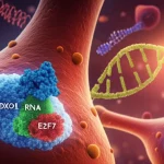 Visualizzazione artistica del meccanismo molecolare FOXO1/miR-99a-5p/E2F7 all'interno di una cellula di cancro al seno. La proteina FOXO1 (in blu) attiva il microRNA miR-99a-5p (in verde), che a sua volta inibisce la proteina E2F7 (in rosso). Sullo sfondo, DNA e altre strutture cellulari. Stile fotorealistico con elementi astratti, illuminazione drammatica, profondità di campo.