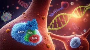 Visualizzazione artistica del meccanismo molecolare FOXO1/miR-99a-5p/E2F7 all'interno di una cellula di cancro al seno. La proteina FOXO1 (in blu) attiva il microRNA miR-99a-5p (in verde), che a sua volta inibisce la proteina E2F7 (in rosso). Sullo sfondo, DNA e altre strutture cellulari. Stile fotorealistico con elementi astratti, illuminazione drammatica, profondità di campo.