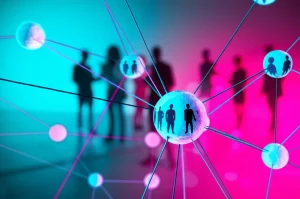 Visualizzazione concettuale di una rete neurale astratta luminosa sovrapposta a silhouette di persone che interagiscono e si scambiano informazioni, rappresentando l'apprendimento sociale ricostruttivo, colori duotone ciano e magenta, profondità di campo, obiettivo 35mm.