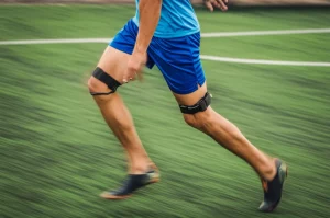 Atleta che esegue il test di flessione rapida del ginocchio (FKF) sul campo da calcio, con un sensore IMU sulla gamba. Immagine sportiva dinamica, teleobiettivo 150mm, fast shutter speed, focus sull'azione del test e l'attrezzatura tecnologica.