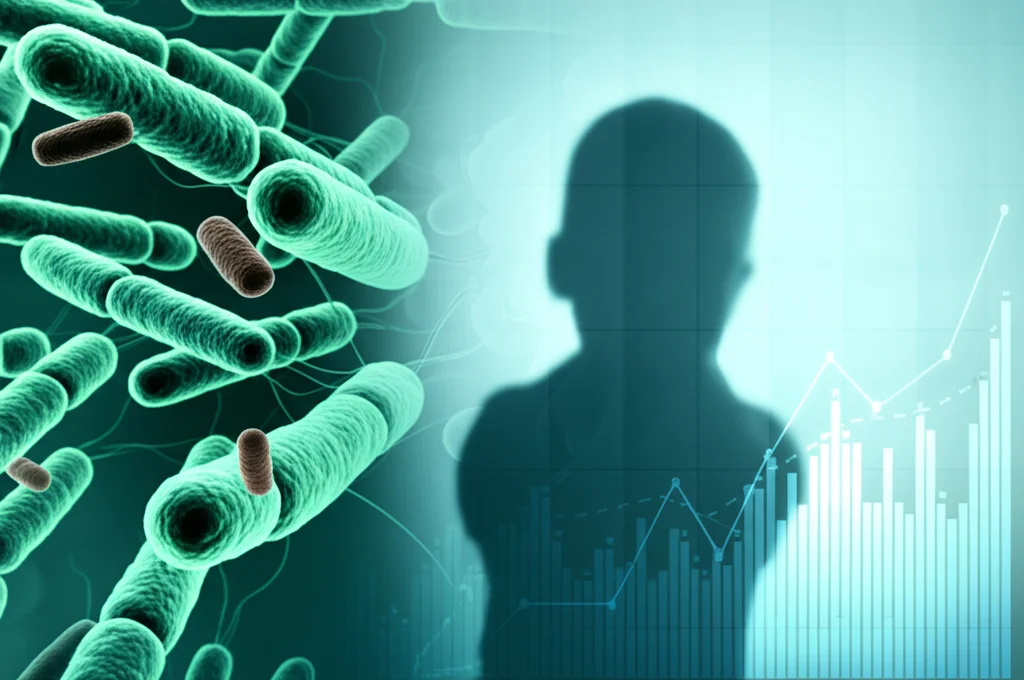 Concetto scientifico: Immagine composita astratta con una rappresentazione stilizzata di batteri (diplococchi Gram-negativi come Moraxella), sovrapposta a un grafico di dati scientifici e a una silhouette sfocata di un bambino, colori blu e verde duotone, obiettivo 50mm, effetto profondità.