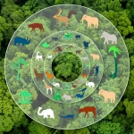 Concetto visivo della relazione specie-area in un paesaggio naturale diversificato (foresta pluviale vista dall'alto). Cerchi concentrici trasparenti si espandono da un punto focale luminoso, rivelando un numero crescente di icone colorate che simboleggiano diverse specie animali e vegetali all'interno di ogni cerchio. Landscape wide-angle, 18mm, sharp focus su tutto il paesaggio, luce naturale vibrante del mattino, alta definizione.