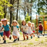Fotografia di gruppo di bambini in età prescolare (3-6 anni) che giocano all'aperto in una giornata di sole, alcuni in un'area boschiva (asilo nel bosco), altri in un parco giochi più tradizionale. Lente zoom 24-70mm, luce solare naturale, colori vivaci, catturare l'energia e il movimento dei bambini. Profondità di campo media per mostrare sia i bambini che l'ambiente.