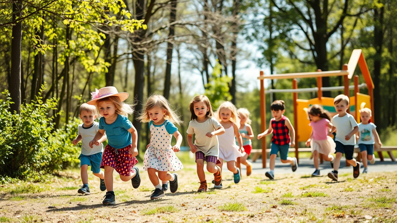 Fotografia di gruppo di bambini in età prescolare (3-6 anni) che giocano all'aperto in una giornata di sole, alcuni in un'area boschiva (asilo nel bosco), altri in un parco giochi più tradizionale. Lente zoom 24-70mm, luce solare naturale, colori vivaci, catturare l'energia e il movimento dei bambini. Profondità di campo media per mostrare sia i bambini che l'ambiente.