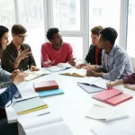 Fotografia di un gruppo diversificato di futuri insegnanti che discutono animatamente di strategie didattiche per la matematica attorno a un tavolo rotondo, con appunti e libri sparsi, in un ambiente universitario moderno. Obiettivo 35mm, luce naturale da finestra, colori vivaci e atmosfera collaborativa.