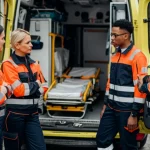 Fotografia professionale di un gruppo diversificato di paramedici, uomini e donne di etnie diverse, in uniforme moderna, che discutono accanto a un'ambulanza attrezzata con tecnologia avanzata. Obiettivo prime 35mm, luce naturale morbida, profondità di campo media per mantenere a fuoco sia le persone che parte dell'attrezzatura.