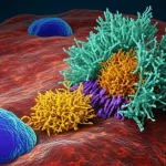 Immagine concettuale di una cellula Natural Killer (NK) potenziata che si avvicina a cellule tumorali del colon-retto. In sovrimpressione, una rappresentazione stilizzata dell'enzima ACAT1 nel nucleo cellulare che modifica la proteina p50. Obiettivo macro 85mm, alta definizione, illuminazione drammatica controllata, focus preciso sull'interazione tra NK e cellula tumorale.