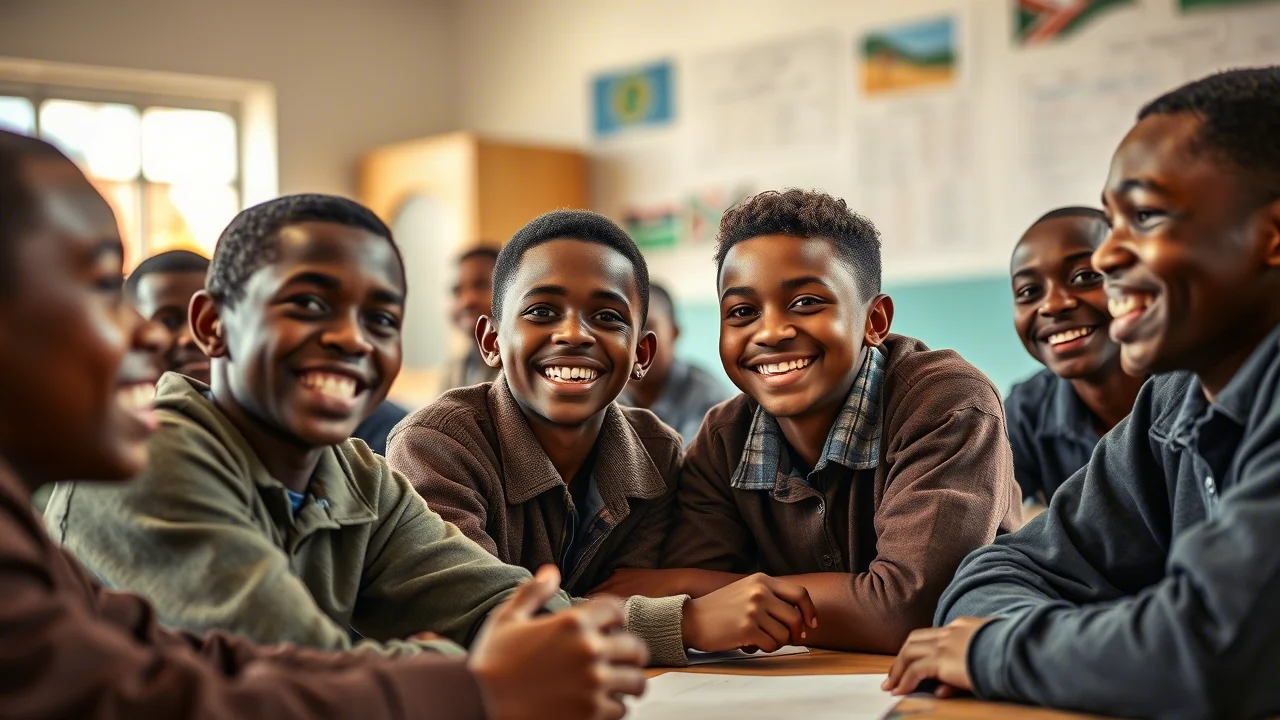 Immagine fotorealistica di adolescenti maschi sudafricani sorridenti e coinvolti durante una sessione interattiva del programma 'Schools Championing Safe South Africa' in un'aula scolastica luminosa. Obiettivo prime 35mm, luce naturale che entra dalle finestre, profondità di campo che sfoca leggermente lo sfondo per enfatizzare i volti attenti e positivi dei ragazzi, atmosfera di apprendimento collaborativo.
