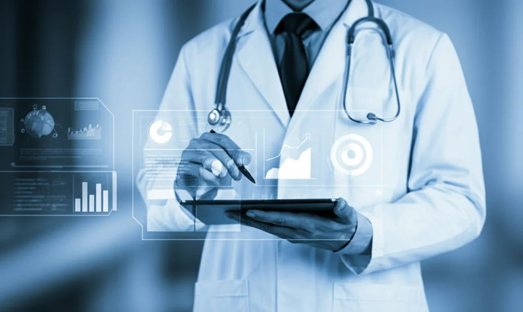 Immagine fotorealistica, obiettivo 35mm, raffigurante un medico che esamina attentamente note cliniche digitali su un tablet, con sottili linee luminose sovrapposte che rappresentano l'analisi AI, profondità di campo, tonalità duotone blu e bianco.