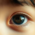 Immagine simbolica: Primo piano sull'occhio di un bambino asiatico che riflette un paesaggio urbano leggermente sfocato, a simboleggiare l'insorgenza della miopia. Luce morbida ma direzionale. Obiettivo 50mm, profondità di campo selettiva. High detail.