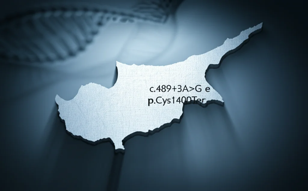 Mappa stilizzata dell'isola di Cipro sovrapposta a una rappresentazione grafica di una doppia elica del DNA, evidenziando specifiche mutazioni genetiche (c.489+3A>G e p.Cys1400Ter), illuminazione drammatica laterale che crea ombre profonde, lente grandangolare 20mm, focus nitido sulla mappa e sul DNA, colori freddi blu e argento.
