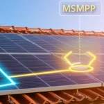 Pannello solare su un tetto con ombre parziali proiettate da un comignolo, ma con una sovrapposizione grafica luminosa che indica il percorso ottimizzato dell'energia verso un unico punto di massima potenza globale (GMPP) evidenziato. Obiettivo grandangolare 24mm, luce del tardo pomeriggio, focus nitido sul pannello e sulla grafica sovrapposta che simboleggia l'azione dell'MSMPPT.