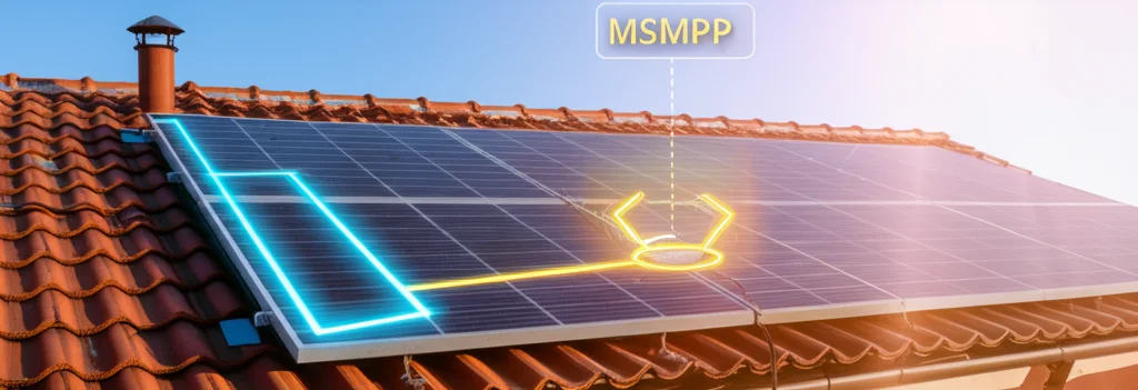 Pannello solare su un tetto con ombre parziali proiettate da un comignolo, ma con una sovrapposizione grafica luminosa che indica il percorso ottimizzato dell'energia verso un unico punto di massima potenza globale (GMPP) evidenziato. Obiettivo grandangolare 24mm, luce del tardo pomeriggio, focus nitido sul pannello e sulla grafica sovrapposta che simboleggia l'azione dell'MSMPPT.