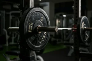 Primo piano di un bilanciere caricato con dischi pesanti appoggiato su un rack per squat in una palestra, messa a fuoco selettiva sui dischi con texture metallica dettagliata e graffi, illuminazione drammatica laterale che crea ombre profonde, obiettivo macro 90mm, alta definizione, sfondo sfocato con attrezzi da palestra visibili.