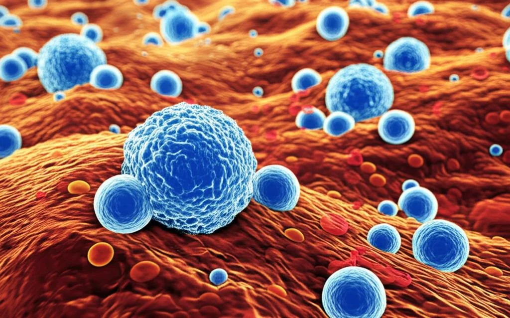 Primo piano fotorealistico, obiettivo macro 60mm, di vescicole extracellulari stilizzate (sfere brillanti) che interagiscono con la superficie di una cellula macrofago (struttura più grande e texturizzata), rappresentando la comunicazione intercellulare mirata da Alvespimycin nella nefropatia diabetica, alto dettaglio, focus preciso, visualizzazione scientifica leggermente astratta.