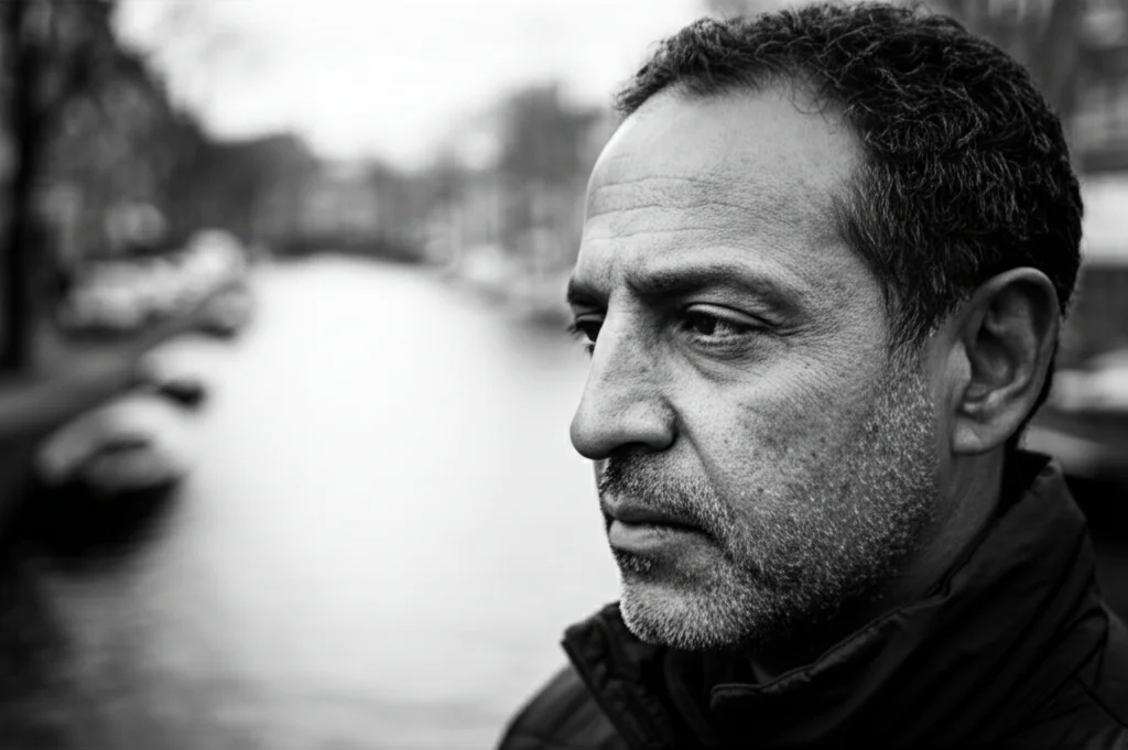 Ritratto fotografico intenso di un uomo di mezza età di origine marocchina nei Paesi Bassi, espressione riflessiva e leggermente preoccupata, ambientato in un contesto urbano olandese riconoscibile ma leggermente sfocato (es. canale, case tipiche), obiettivo 50mm, profondità di campo ridotta per focalizzare sull'individuo, luce naturale laterale che modella il viso, bianco e nero con grana fine per un effetto documentaristico.
