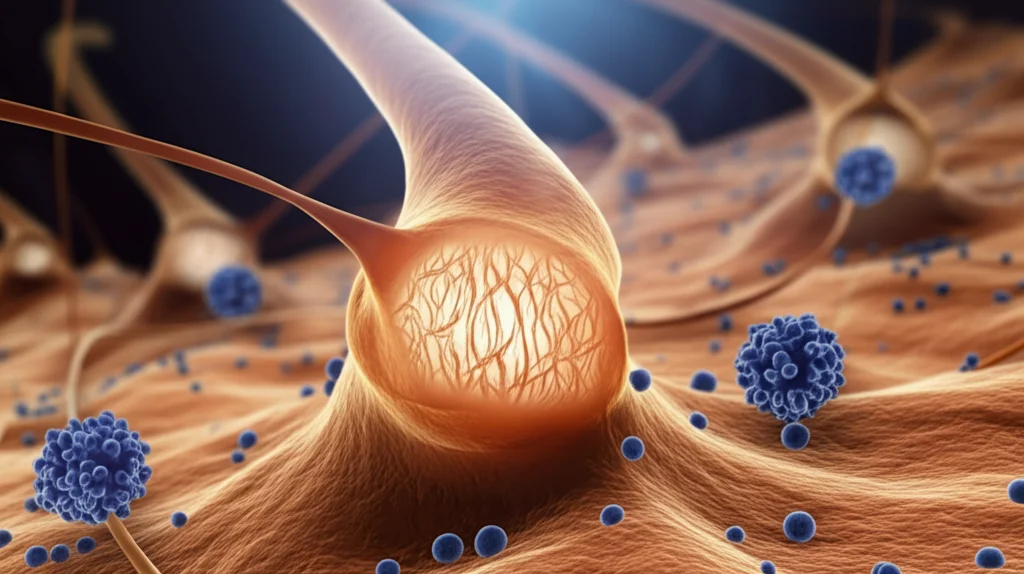 Visualizzazione 3D fotorealistica di cellule staminali mesenchimali che interagiscono con la cartilagine danneggiata in un'articolazione affetta da osteoartrite. Luce drammatica che evidenzia la complessità dell'interazione cellulare, profondità di campo, obiettivo prime 35mm.