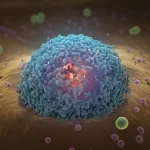 Visualizzazione artistica ma fotorealistica di una cellula tumorale che interagisce con farmaci chemioterapici, con la proteina PKM2 (evidenziata in colore acceso) che gioca un ruolo centrale nella resistenza, circondata da segnali di autofagia (vescicole stilizzate). Illuminazione drammatica, stile film noir, obiettivo prime 35mm, profondità di campo per focalizzare l'attenzione sulla cellula.