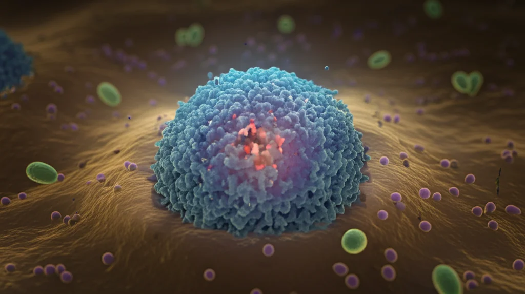 Visualizzazione artistica ma fotorealistica di una cellula tumorale che interagisce con farmaci chemioterapici, con la proteina PKM2 (evidenziata in colore acceso) che gioca un ruolo centrale nella resistenza, circondata da segnali di autofagia (vescicole stilizzate). Illuminazione drammatica, stile film noir, obiettivo prime 35mm, profondità di campo per focalizzare l'attenzione sulla cellula.