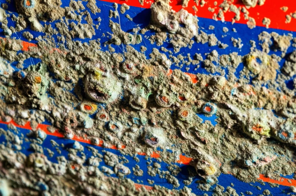 Fotografia macro di organismi marini incrostanti (biofouling) sullo scafo di una barca da diporto in un porto turistico spagnolo. Obiettivo macro 100mm, alta definizione, illuminazione controllata per evidenziare texture e colori delle specie, alcune potenzialmente non indigene.