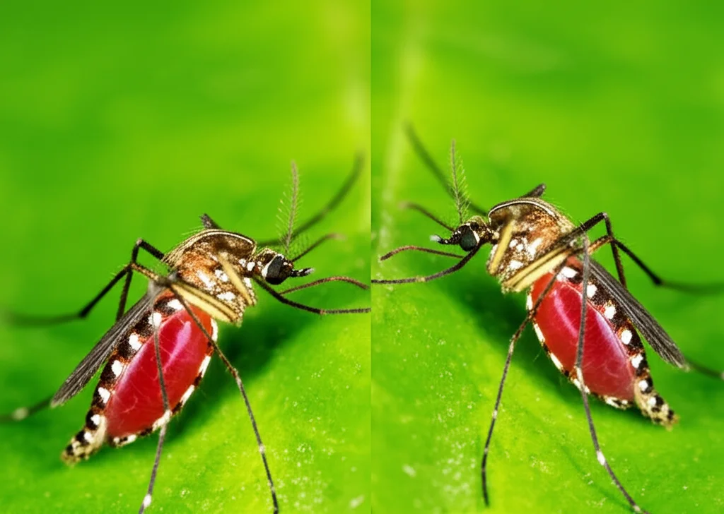 Macro fotografia, 105mm lens, alta definizione, messa a fuoco precisa, illuminazione controllata, che mostra le marcature distintive ma molto simili di Aedes albopictus e della sua controparte criptica, Aedes nr. albopictus, affiancate su una foglia verde brillante, evidenziando la difficoltà dell'identificazione visiva.