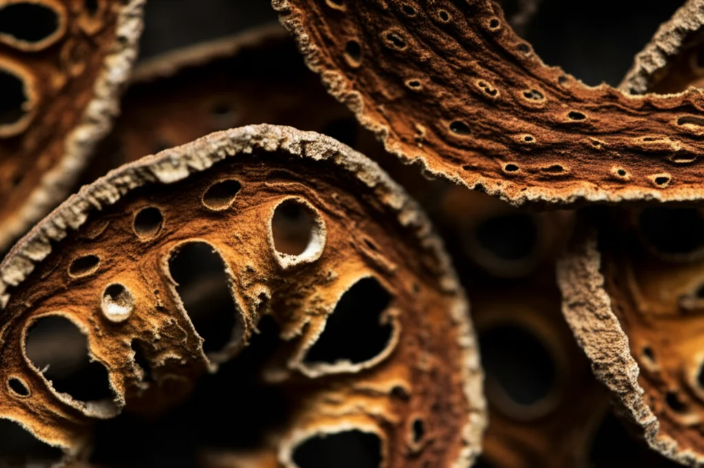 Primo piano fotorealistico della buccia essiccata di Citri Grandis Exocarpium (Huajuhong), obiettivo macro 90mm, alta definizione, illuminazione drammatica che ne accentua la texture ricca e fibrosa e i toni caldi e scuri dovuti all'invecchiamento, con alcune aree quasi nere.