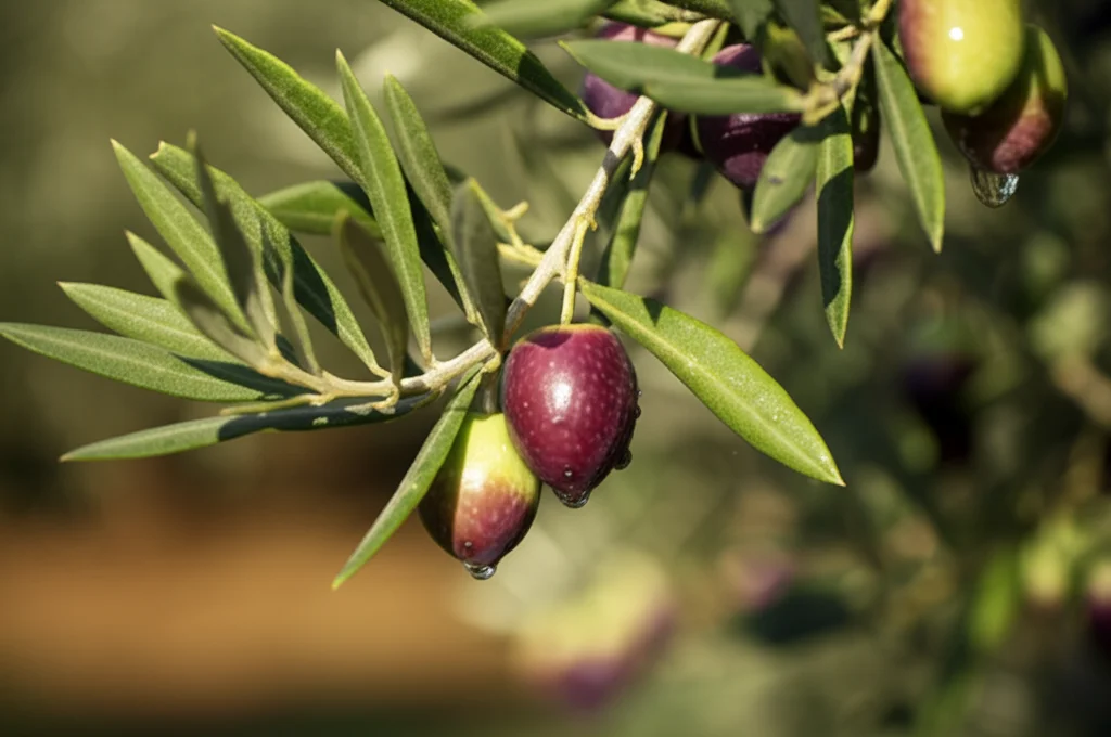 Prompt: Primo piano di olive Chemlal mature su un ramo, con gocce d'acqua (simbolo dell'irrigazione) che brillano alla luce del sole, Macro lens, 85mm, High detail, precise focusing, sfondo leggermente sfocato di un oliveto algerino.