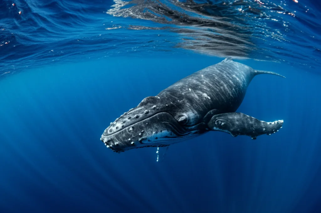 Ritratto fotografico subacqueo di una balena franca australe che nuota pacificamente, vista di tre quarti, obiettivo 35mm, luce solare che filtra dalla superficie creando raggi luminosi, acqua blu profondo, alta risoluzione, dettagli nitidi sulla pelle e sui calli.