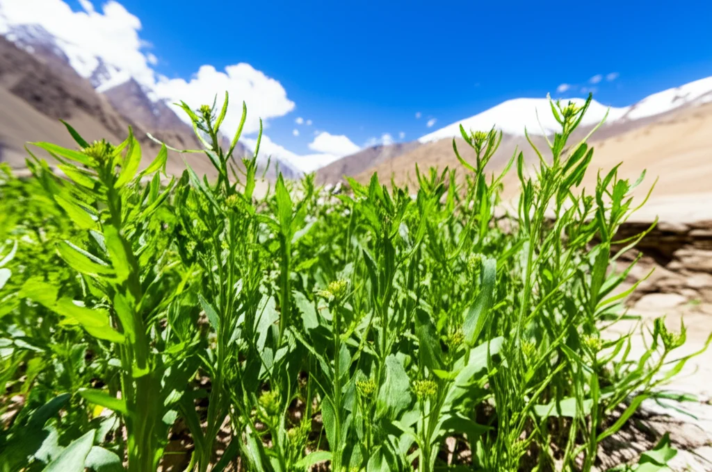 Veduta paesaggistica di piante di rucola (Eruca sativa) che crescono rigogliose in un campo di alta montagna (Leh-Ladakh), con montagne innevate sullo sfondo, obiettivo grandangolare 18mm, luce solare intensa tipica dell'alta quota, focus nitido sull'intera scena.